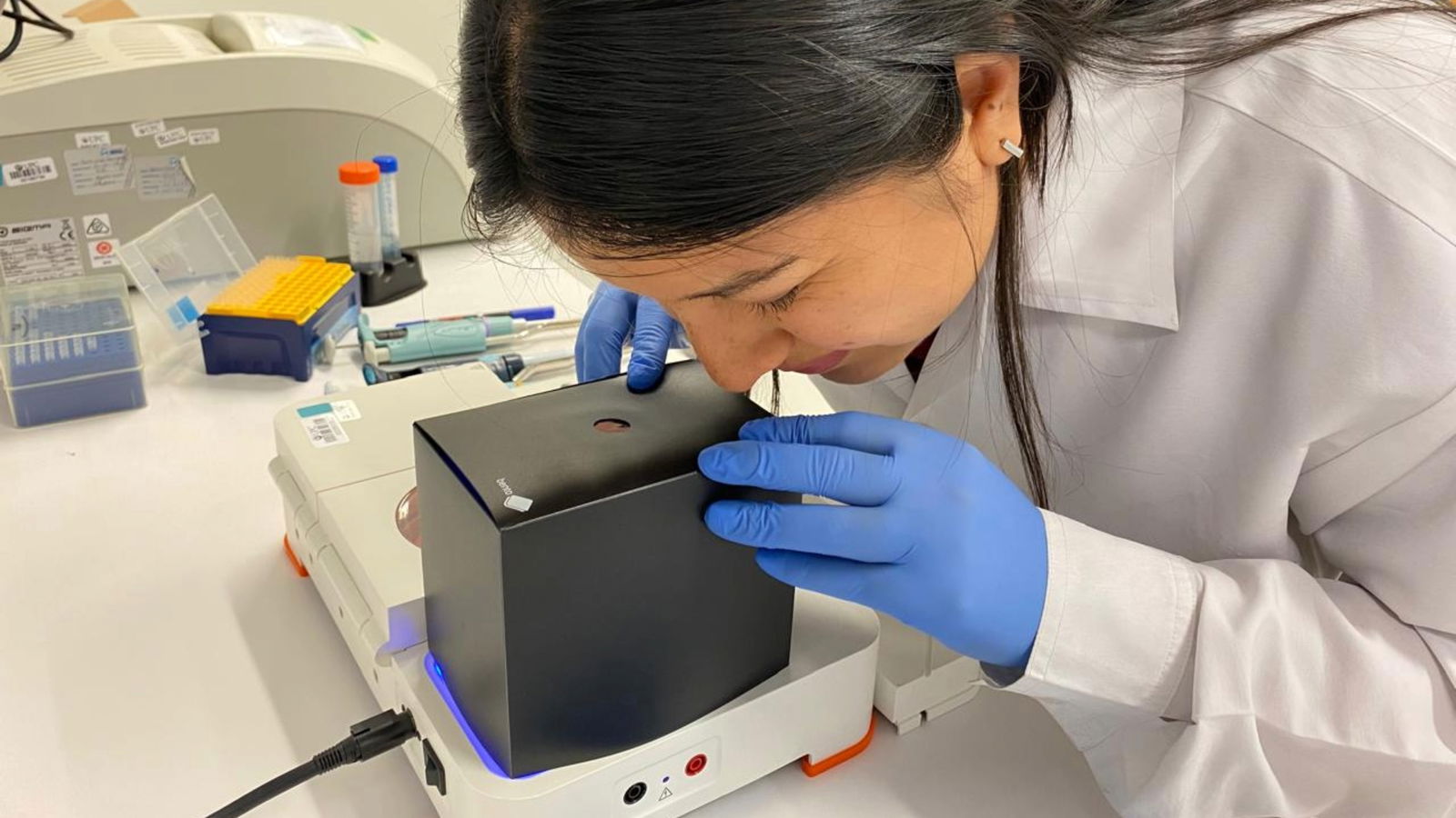 A researcher is using Bento Lab for PCR and gel analysis