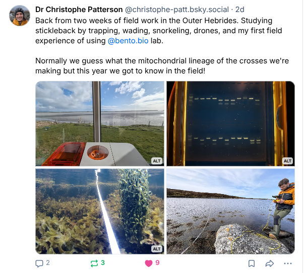 Bluesky post from Dr. Christophe Patterson about his field work in the Outer Hebrides
