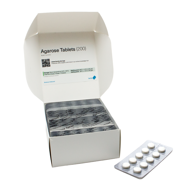 A box of agarose tablets for electrophoresis gel casting